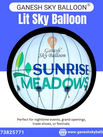 Don't let your advertising stop when the sun goes down. This lit sky balloon for Sunrise Meadows shows how our illuminated inflatables can make your brand shine, perfect for nighttime events and grand openings.