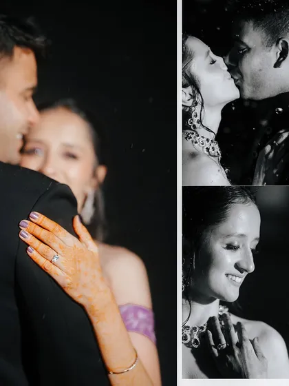 A collage of black and white photos from a snowy engagement shoot. The monochrome tones emphasize the emotion and intimacy of the moments, from a gentle kiss to a happy smile.
