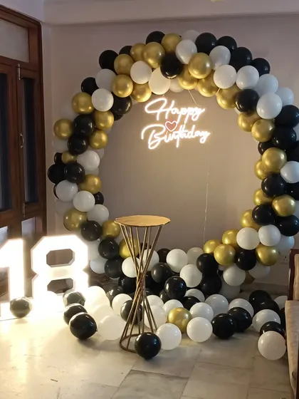 A wide shot of the complete 18th birthday decoration.