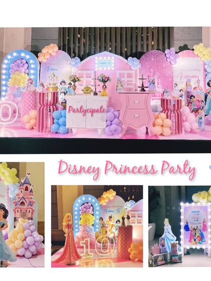 This collage gives a great overview of a Disney Princess party setup. It features a large stage with multiple princess cutouts, light-up numbers for the birthday girls, and a coordinated pink and yellow color palette.