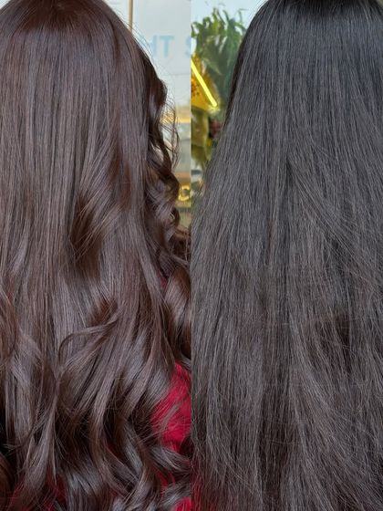A global hair color transformation from dark to a rich, warm brown. The before and after shows the power of a single color to completely refresh your look.