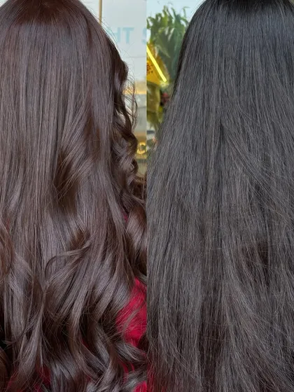 A side-by-side comparison showing the power of a good color and style. The hair on the left is transformed into the rich, wavy look on the right.