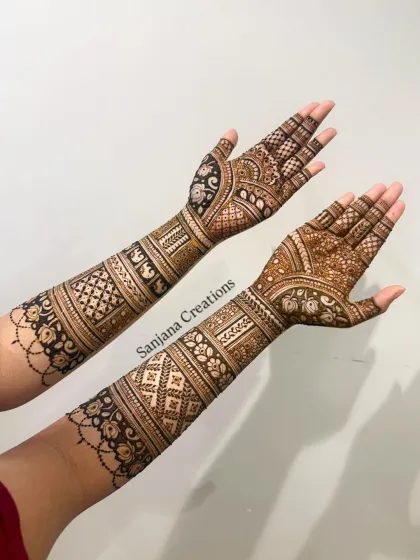 A full-arm view of this intricate design, showing how the patterns flow from the palm to the elbow. This is what statement bridal mehndi is all about.