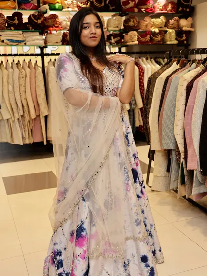 A full-length view of the tie-dye lehenga, showing how it moves and catches the eye.