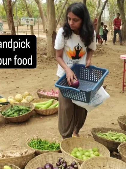 A customer handpicking fresh brinjals from a basket, part of the interactive shopping experience.