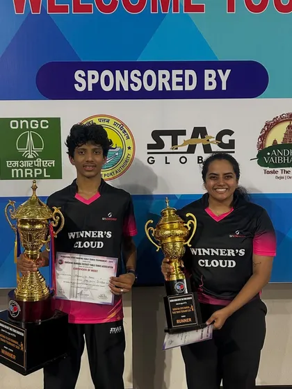 Abhinav Murthy and Kushi V showcasing their trophies from the 3rd Karnataka state ranking tournament in Mangalore. Abhinav won the U19 Boys singles for the third time in a row, and Kushi was the Women's singles runner-up.