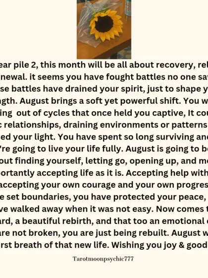 The message for Pile 2 of the August reading. This month is about recovery, release, and renewal. You are stepping out of draining cycles and into a beautiful emotional rebirth.