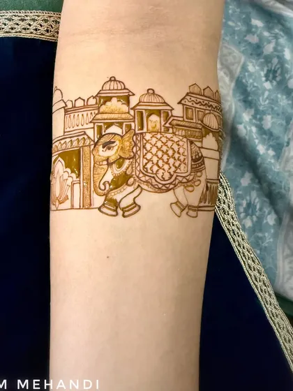 The elephant and palace design with shading and texture added. The cross-hatching on the elephant's blanket and the details on the palace bring the scene to life.