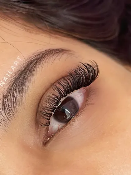 A close-up of my custom Cat Eye lash extensions. This style elongates the eye by using shorter lashes on the inner corner and gradually increasing the length towards the outer corner. It creates a beautiful, winged effect that is both glamorous and sophisticated.