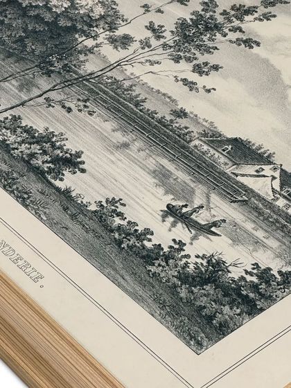 Another angle of the framed etching, showcasing the clarity provided by the 99% UV museum glass. The glass is so clear it's almost invisible, allowing an unobstructed view of the fine lines and details in the print.