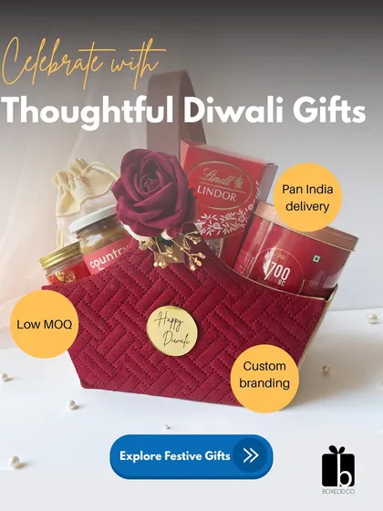 An advertisement showcasing one of our thoughtful Diwali gift baskets. We highlight our key services like low minimum order quantity (MOQ), custom branding, and pan-India delivery.