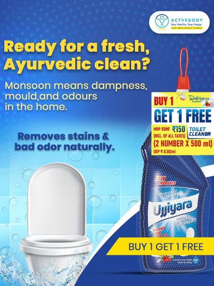 Ready for a fresh, Ayurvedic clean? This image addresses monsoon dampness and odors with Ujjiyara Toilet Cleaner, a natural solution that also comes with a Buy 1 Get 1 Free offer.