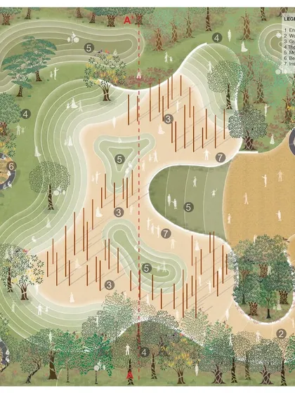 The master plan for the 'Smruti' WWI memorial garden. This drawing illustrates the visitor's journey through the site, from the entrance through the symbolic trenches and past contemplative seating areas, all set within a carefully orchestrated landscape.