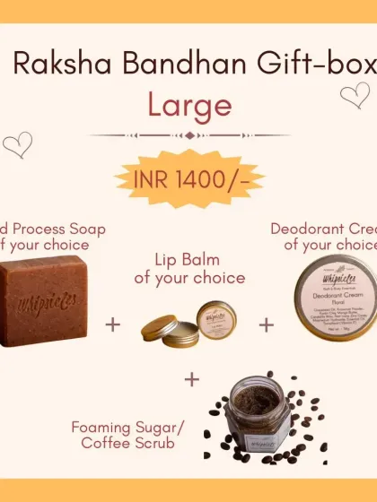 Our large Raksha Bandhan Gift Box is a complete self-care package. It's fully customizable, allowing you to choose a cold process soap, lip balm, deodorant cream, and a foaming sugar or coffee scrub.