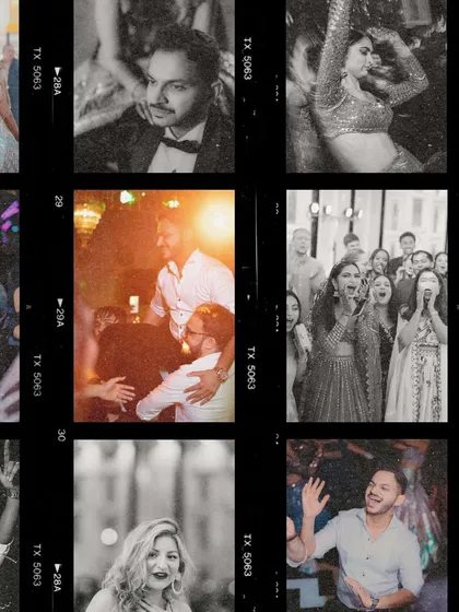 A grid of candid, film-style photos from a reception. This collage captures the energy of the dance floor and the happy faces of guests and the couple.