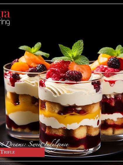 A vibrant and beautiful Fruit Trifle. Layers of cake, custard, fruit, and cream come together in this classic dessert, presented beautifully in individual glasses.