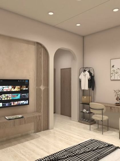 Another angle of the bedroom render, showing a cozy seating area and a simple, elegant decor style.