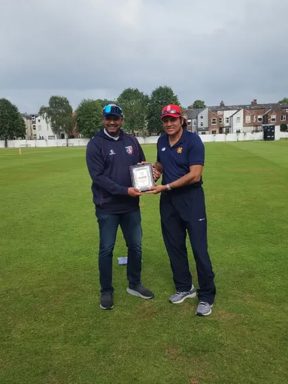 Presenting a plaque to the Urmstone coaching staff. We ensure we formally thank every club that hosts us for their hospitality and competitive spirit.