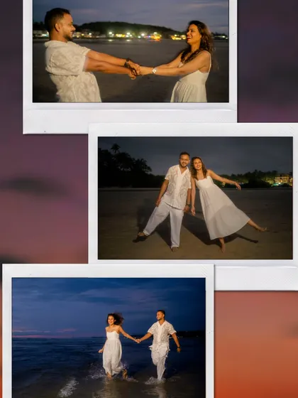 A series of Polaroid-style shots from their sunset beach session. The couple's playful energy is perfectly captured as they dance and walk by the waves.