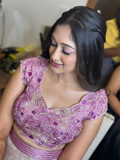 The complete sangeeth look is modern, fun, and perfectly suited for a night of celebration.