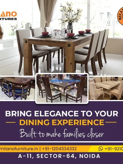 Bring elegance to your dining experience with our furniture, built to make families closer. This image shows a range of our dining sets, from classic wood to modern designs.
