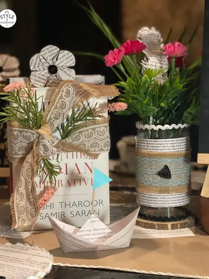 A detail from my book-themed tablescape. I love upcycling old books into decor, wrapping them in lace and jute ribbons to create a rustic and romantic centerpiece that celebrates a love for literature.