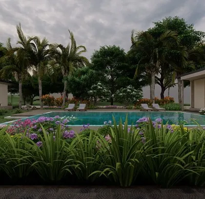 A low-angle render from the Alibag project, visualizing the view from the verandah towards the pool, framed by lush foreground planting.