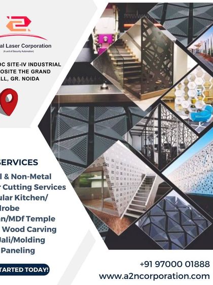 A collage of our completed projects, including railings, partitions, and exterior facades. The image lists our key services, such as metal/non-metal cutting, Corian/MDF temples, and WPC paneling.