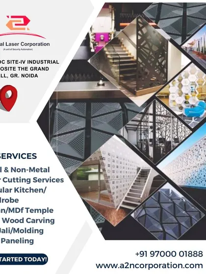 This collage provides a snapshot of our wide range of services. It showcases our work in metal laser cutting, modular wardrobes, solid wood carving, jali, and WPC paneling across various completed projects.