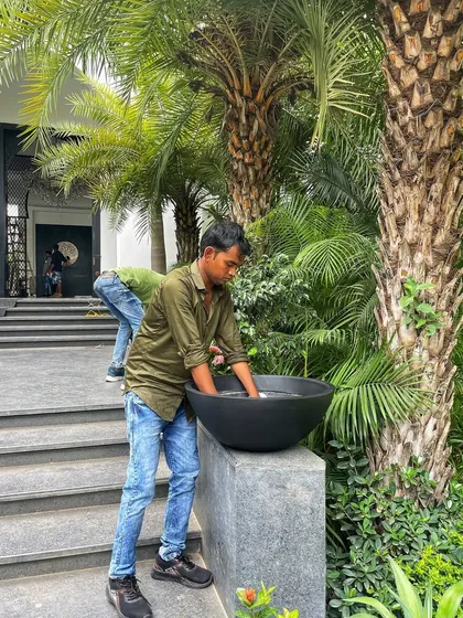 We pay attention to every detail. Here, my team member is setting up a water feature bowl amidst the lush greenery we installed on the steps of the set.