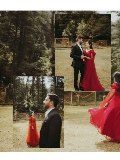 A collage of dreamy, fairy-tale-like moments from a post-wedding shoot in the forests of Dalhousie.