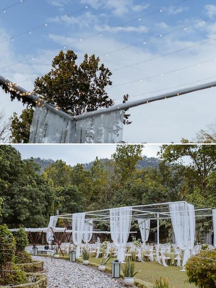 A collage of the serene and natural decor elements from a jungle wedding, including white drapes and fairy lights.