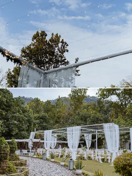 A collage of the serene and natural decor elements from a jungle wedding, including white drapes and fairy lights.