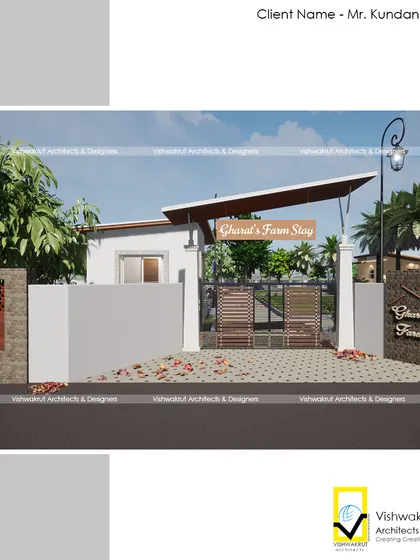 The entrance gate design for Gharat Farm Stay. The gate combines natural wood tones with a modern sloped roof, setting the aesthetic tone for the entire property from the moment a guest arrives.