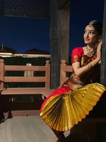 A classic Bharatanatyam pose captured during a performance. The fan-like pleats of the costume and the specific hand gesture, or mudra, are essential elements of this traditional Indian dance form.