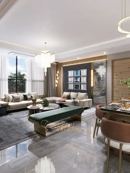 An inviting living room where a harmonious color palette, elegant lighting, and comfortable furniture create a sophisticated and welcoming ambiance.