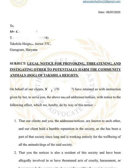 Taking proactive steps is key. Here is a legal notice I served to a resident of a housing society for threatening and planning to harm community dogs, citing specific sections of the law to prevent cruelty before it happens.