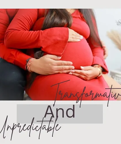A close-up detail shot focusing on the hands of both parents cradling the baby bump. This image symbolizes their shared love and protection for their little one on the way.