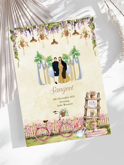 A card from a wardrobe planner for the Sangeet night. The design features the couple in their Indo-Western attire against a backdrop of elegant decor, perfectly capturing the celebratory and stylish spirit of the evening.