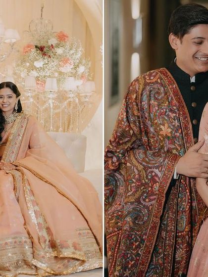 A lovely portrait of Tanya and Suyash from their reception. Their traditional yet elegant outfits and the warm decor create a picture of classic sophistication.
