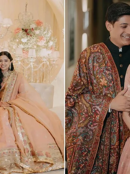 A beautiful portrait showcasing traditional elegance. The couple's coordinated Sabyasachi outfits and the opulent decor create a rich, regal image that is both classic and heartwarming.
