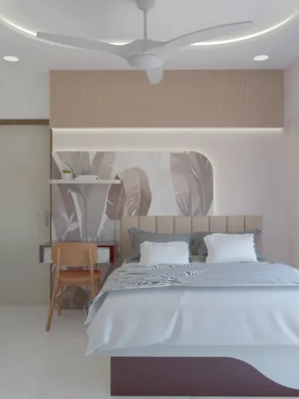 A 3D render of a serene kids' room with a soft, neutral palette and botanical wallpaper.