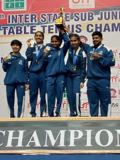 Teamwork makes the dream work. Our Under-15 girls team, including our player Swara Jangade, celebrates their gold medal victory for Team Maharashtra at the Cadet & Sub Junior National Championship, showcasing the strength of our youth development program.