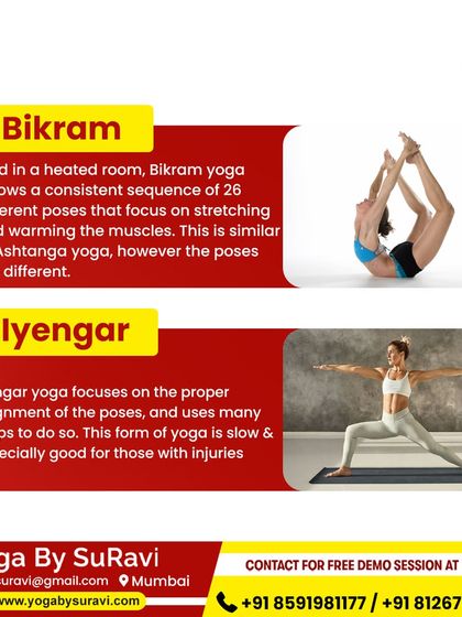 We teach different yoga styles to suit your needs. This image contrasts the heated, sequence-based Bikram yoga with the alignment-focused, prop-heavy Iyengar yoga.