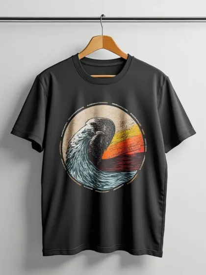 A graphic black t-shirt with a circular bird design, presented on a hanger against a neutral grey wall for a clean, modern look.