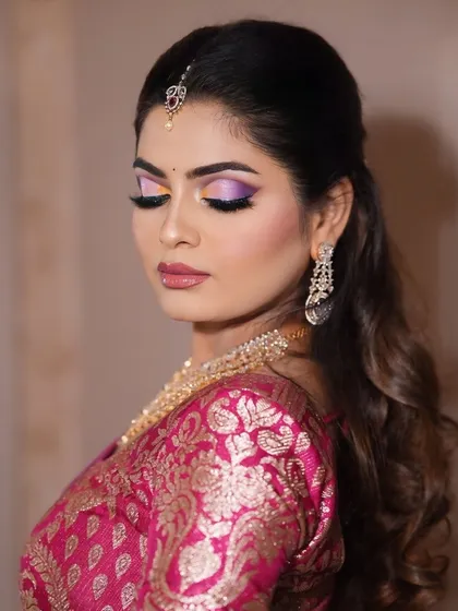 An eyes-closed shot to give a detailed view of the colorful yet soft eyeshadow blending.