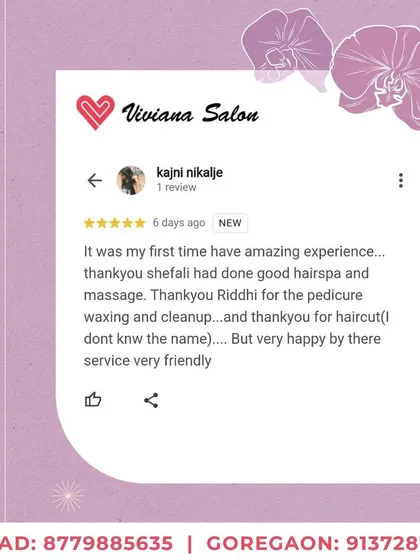 I'm so happy this client had an amazing first-time experience. It's wonderful to see my team members, Shefali and Riddhi, get appreciated for their great work on hair spa, pedicures, and cleanups.