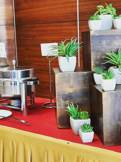 A close up of the decor for a corporate buffet, using minimalist wooden blocks and small plants. This adds a touch of sophistication without being distracting.