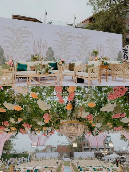 This collage shows the versatility in our decor design. It features a chic lounge area with a custom botanical print backdrop and a view of the stunning floral ceiling of the main mandap.