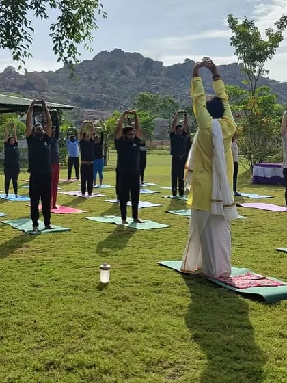 Our yoga master guides the class through a series of movements designed to gently open up the body and prepare it for deeper stretches.
